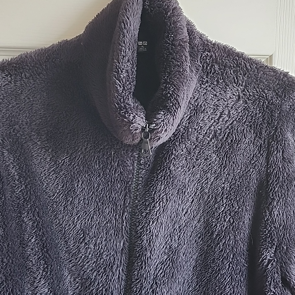 Uniqlo Black Sherpa Fleece Zip-Up Jacket Cozy Teddy Full Zip Coat XL - Picture 2 of 5